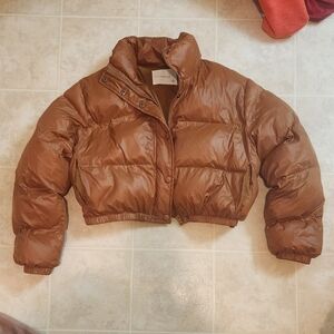 (Olivaceous) Cropped Brown Puffer Jacket, Size S